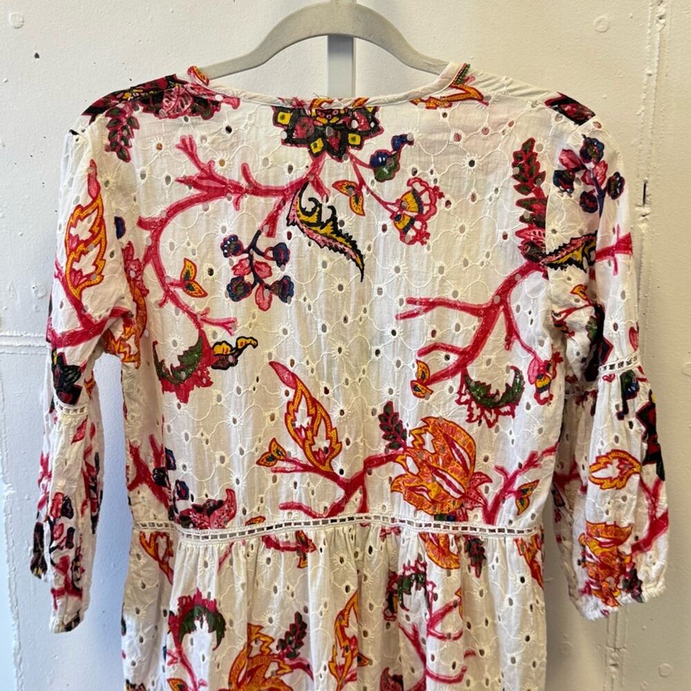 Gianni Bini 3/4 Sleeve Mini‎ Dress Babydoll Tassels Cotton Boho Floral Eyelet XS - Picture 7 of 16